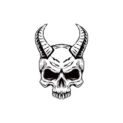 black and white hand drawn horned skull illustration