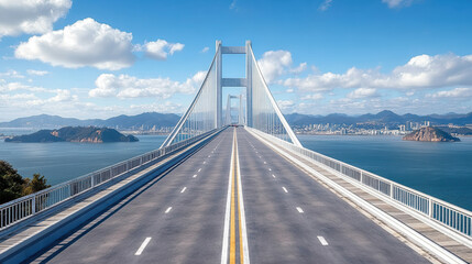 Wide suspension bridge over calm sea with clear sky and distant city skyline