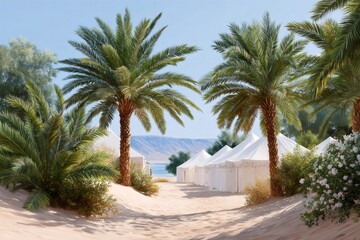 Fototapeta premium Desert oasis glamping tents by calm water