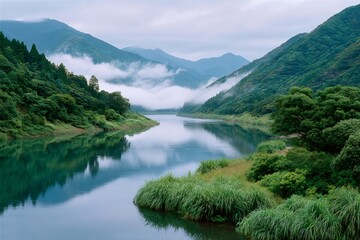 Fototapeta premium River flowing through misty mountains with lush green banks