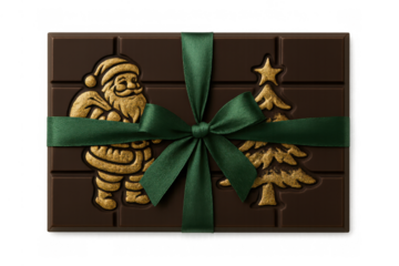 Dark chocolate bar shaped like a christmas gift with santa claus and tree details, wrapped in green ribbon