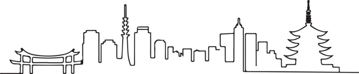 Continuous Line Tokyo Skyline with Asakusa Pagoda Silhouette Minimal Artistic Illustration