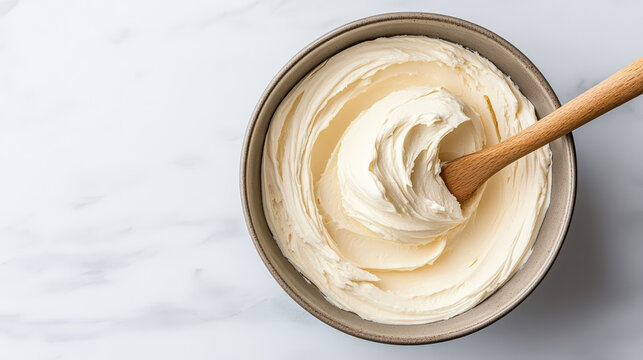 Creamy vanilla frosting swirled in bowl with wooden spatula, smooth and airy texture - Powered by Adobe