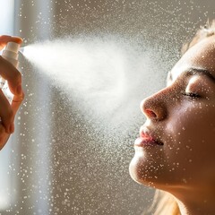 A close-up view of a person spritzing facial mist on their face, highlighting the delicate spray and gentle light.