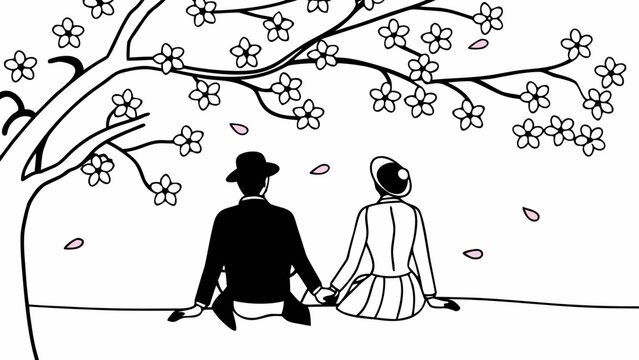 siluet romantis sepasang kekasih yang duduk berdekatan, bergandengan tangan, di bawah pohon.