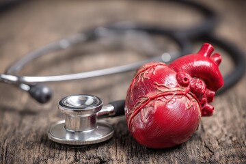 Healthcare plan for managing heart disease with a stethoscope and anatomical heart model on a rustic wooden surface