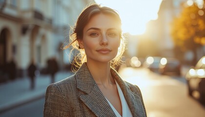 A confident young professional woman poses elegantly in a stylish blazer, captured in a warm, golden, backlit close-up on a sunny urban street.