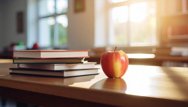 A nostalgic close-up of a red apple and stacked books resting on a wooden desk, beautifully illuminated by warm golden sunlight in a bright classroom. - Powered by Adobe