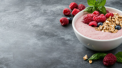Fruit smoothie bowl with raspberry granola blueberry and mint garnish, bright appetite appeal