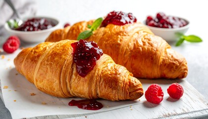 Freshly baked croissants with raspberry jam on a wooden board