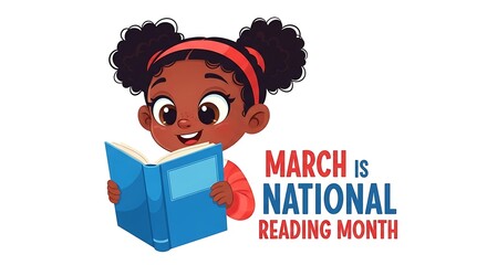 Illustration of a girl reading a book for national reading month in march