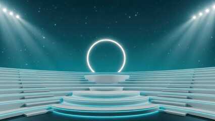Futuristic stage with glowing orb and spotlight beams shining down on a circular platform in a dark room with starry night sky