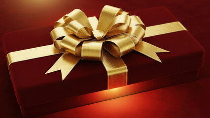 A luxurious red gift box with a gold ribbon and bow on top for special occasions and celebrations