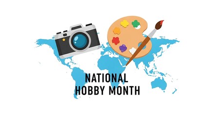 National hobby month illustration with camera and art supplies on white