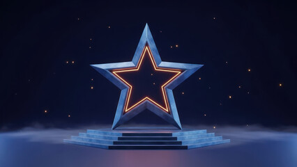 Glowing star podium stage with orange outline on blue pedestal in dark space