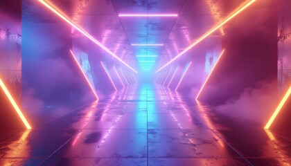 Symmetrical 3d rendered futuristic tunnel glowing with vibrant neon lights and atmospheric smoke on dark concrete.