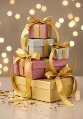 A stack of elegant gift boxes in gold, rose gold, and silver, tied with golden ribbons, sits amidst a backdrop of soft, warm lights.