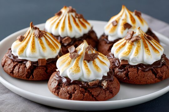 Chocolate cookies topping with toasted meringue and chocolate chunks