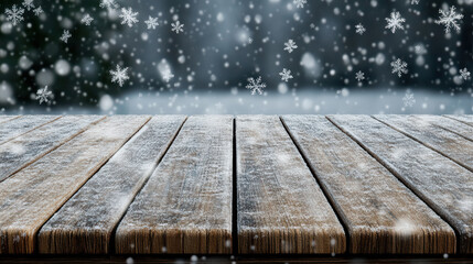 Snowflake wooden deck dusted with snow creating calm winter scene