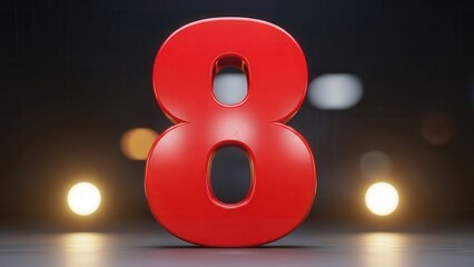 Bold Red 3D Number 8 on Dark Background with Bokeh Lights