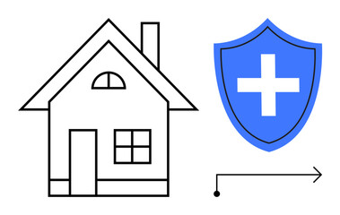 Home security, property protection, insurance coverage, healthcare, safety, risk management. A house and shield with cross icon. Home security and property protection concept