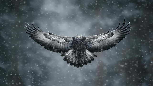 Majestic bird soaring through snowy storm with wings spread wide in dramatic weather shot