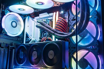 A powerful computer system featuring efficient cooling and RGB lighting, perfect for gaming and creative tasks. This high-performance setup boosts productivity and enhances the user experience.