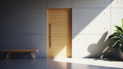 Modern wooden front door with a long handle on a concrete wall, bathed in natural light