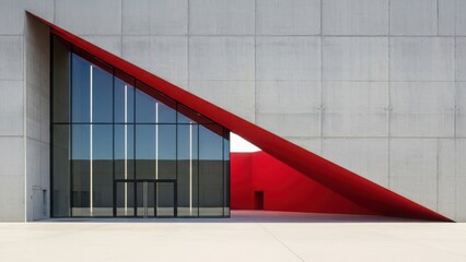 Modern building facade with bold red geometric design and large glass entranceway