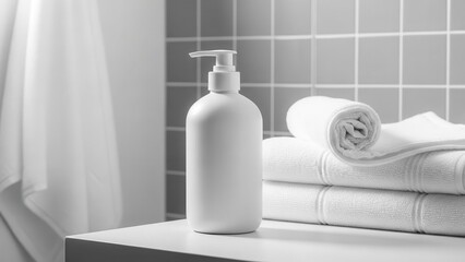 White pump dispenser bottle and soft folded towels on a minimalist bathroom counter space.