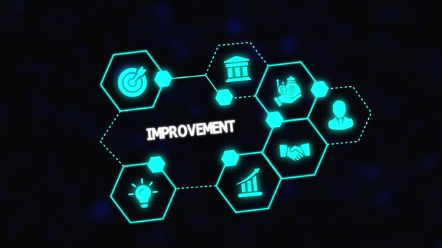 Business improvement concept with digital hexagon analytics, performance growth, workflow optimization and modern technology interface.