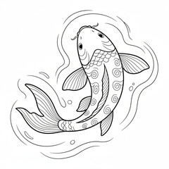 Elegant Japanese Koi Fish Swimming in Serene Water Line Art Drawing