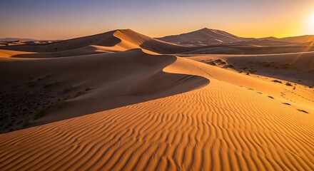 A vast expanse of golden desert dunes bathed in warm sunrise light.