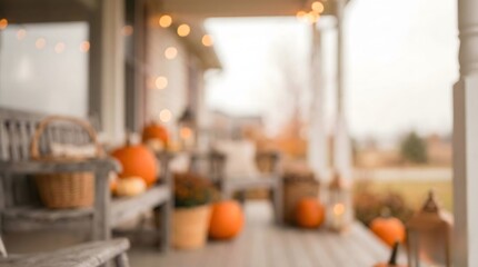 Soft Focus Autumn Porch with Pumpkins and String Lights