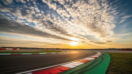 Empty race track turn with dramatic sunrise sky and colorful clouds, ready for speed.