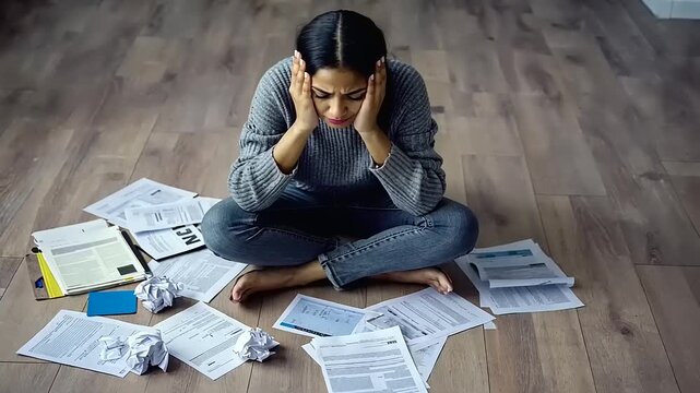 Woman sitting on the floor surrounded by crumpled papers, showing signs of stress and frustration