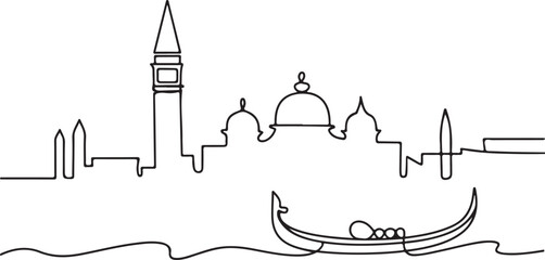 Continuous Line Venice Skyline with Gondola Wave Minimal Artistic Illustration © rs_studios