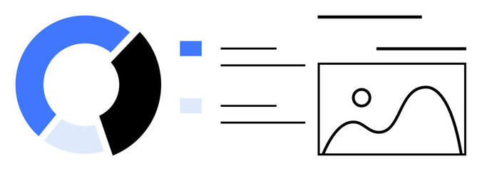 Circular chart with blue and black sections connected to text lines and image placeholder. Ideal for data analysis, presentation, reporting, infographics, analytics, business strategy, simple flat
