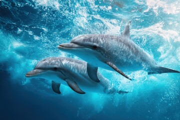 Fototapeta premium Dolphins leap and play in ocean waves, exhibiting joyful behavior in the clear blue waters during a sunny day near a tropical shore