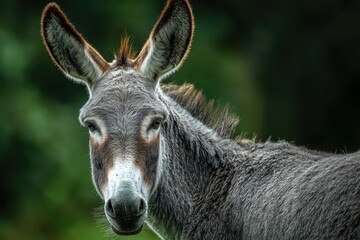 Fototapeta premium Grey donkey with big ears standing in a lush green landscape surrounded by nature during daylight hours