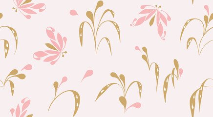 Gentle foliage with teardrop floral pattern. Abstract butterfly and delicate leaf pastel seamless design.