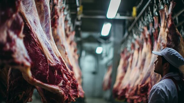 Butcher cutting meat in processing plant