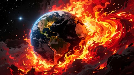 The Earth surrounded by intense flames and fiery clouds in space