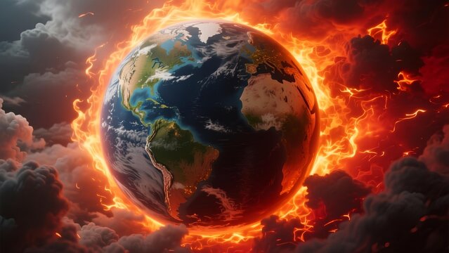 The Earth surrounded by flames and dark clouds in a dramatic apocalyptic scene viewed from space - Powered by Adobe