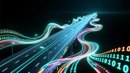 Futuristic Highway with Neon Lights and Binary Code Streaming Through the Night