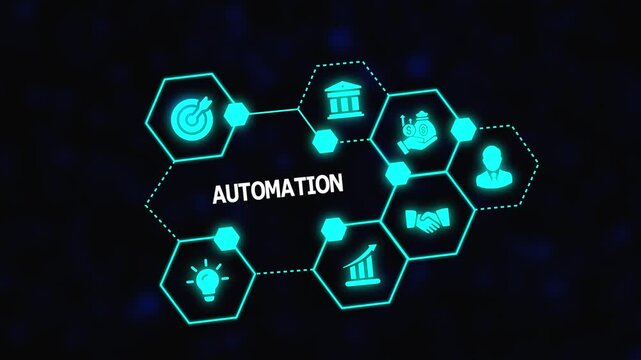 Automation technology concept with digital hexagon workflow, smart systems, business efficiency and modern process management interface.