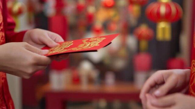 Close up of a person in traditional red clothing handing a gold embossed red envelope to another person during Chinese New Year celebrations