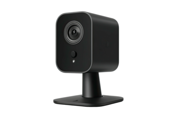 Matte black security camera on stand, dark background