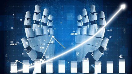 Innovative robot hands engage with dynamic financial data, illustrating the intersection of technology and finance, emphasizing growth and automation trends. Copula