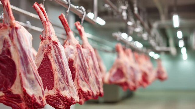 Meat hanging in refrigerated butcher shop display
